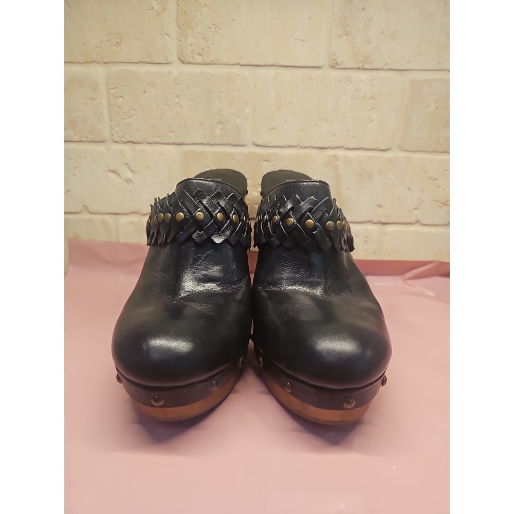 Ralph Lauren Vintage Black Leather Mule Wood Heels 10m